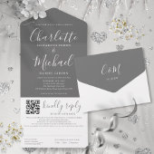 Invitation Tout En Un Gris blanc élégant Script moderne QR Code Mariage