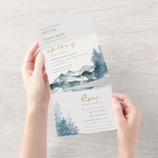Invitation Tout En Un Gris Blush Green Blue Mountains Pine Mariage (Déchirure)