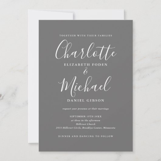 Invitation Tout En Un Gris Et Blanc Élégant Mariage Script (Devant)