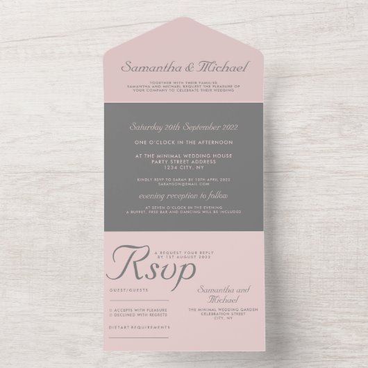 Invitation Tout En Un Gris et rose classique Nettoyer simple mariage (À l'intérieur)