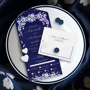 Invitation Tout En Un Guirlande de fleurs blanches cascade mariage bleu 