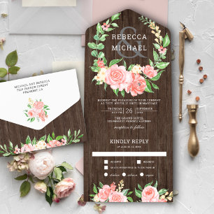 Invitation Tout En Un Guirlande de roses florales rose saumon en bois ru