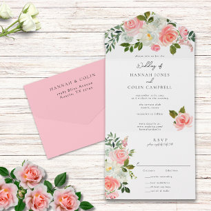 Invitation Tout En Un Guirlande de roses rose et ivoire vintage