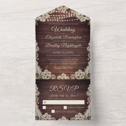 Invitation Tout En Un Guirlande Lumineuse en Bois Rustique pour Mariage (À l'intérieur)