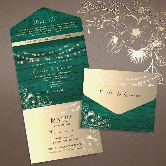 Invitation Tout En Un Guirlande Lumineuse Rustique Verte et Or Mariage