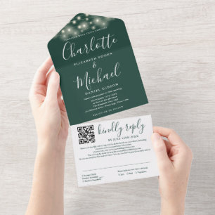 Invitation Tout En Un Guirlande lumineuse vert émeraude Code QR Mariage
