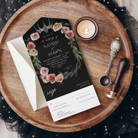 Invitation Tout En Un Halloween Couronne rose et noir Mariage floral noi