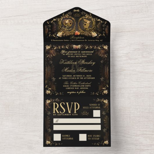 Invitation Tout En Un Halloween Elegant Golden Skeletons Mariage (À l'intérieur)