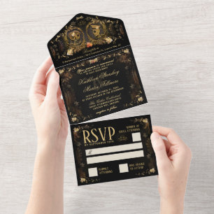 Invitation Tout En Un Halloween Elegant Golden Skeletons Mariage