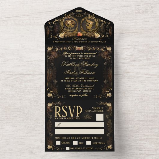 Invitation Tout En Un Halloween Elegant Golden Skeletons MENU RSVP (À l'intérieur)