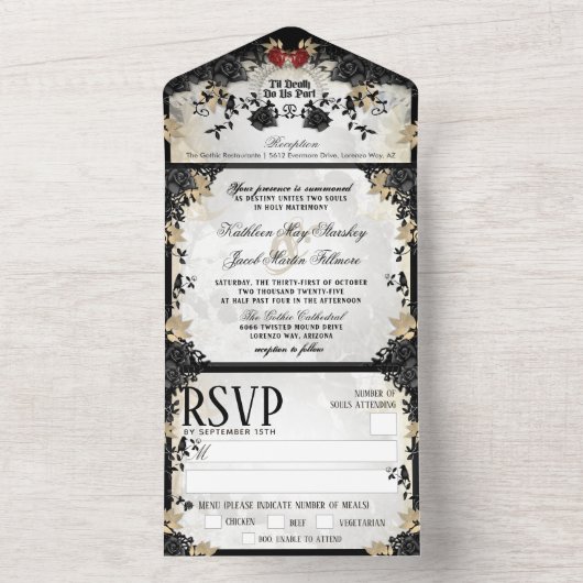 Invitation Tout En Un Halloween Elegant Rose noir Skeletons MENU RSVP (À l'intérieur)