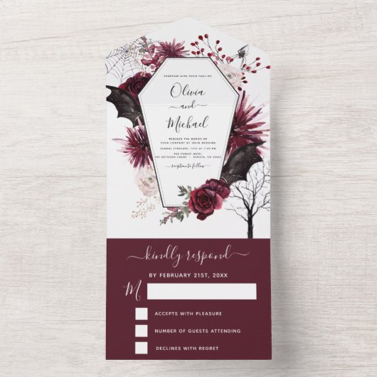 Invitation Tout En Un Halloween Mariage Automne automne foncé Bourgogne  (À l'intérieur)