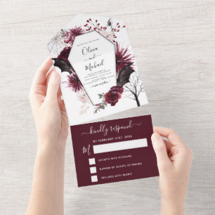 Invitation Tout En Un Halloween Mariage Automne automne foncé Bourgogne