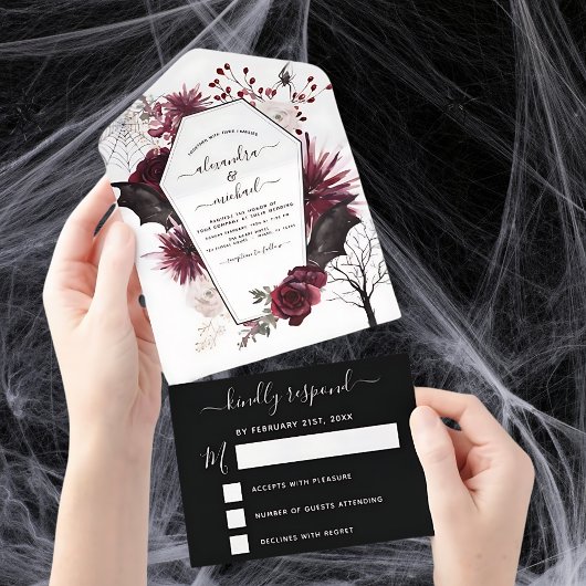 Invitation Tout En Un Halloween Mariage Automne automne foncé Bourgogne