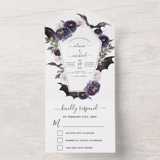 Invitation Tout En Un Halloween Mariage Automne automne foncé pourpre (À l'intérieur)