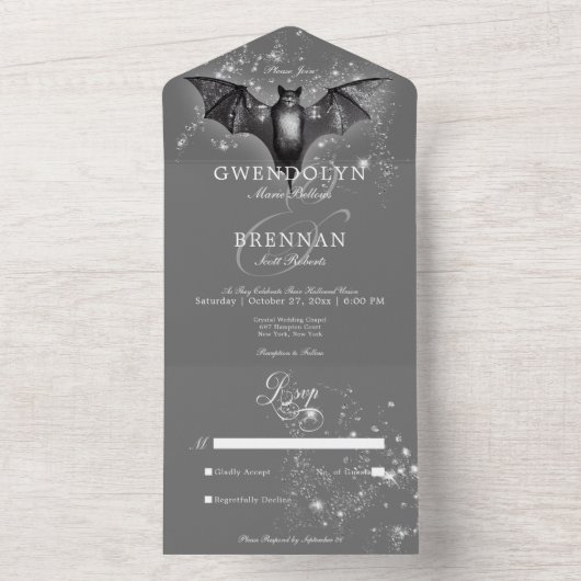 Invitation Tout En Un Halloween Sombre chauve chauve-souris et diamants  (À l'intérieur)