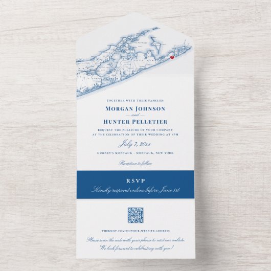 Invitation Tout En Un Hamptons Montauk Map Elegant Mariage de code QR (À l'intérieur)