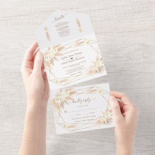Invitation Tout En Un Herbe des Pampas Monogramme Or Tout en Un Mariage 