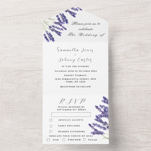 Invitation Tout En Un Herbes vertes Aquarelle Purple Lavender Mariage (À l'intérieur)