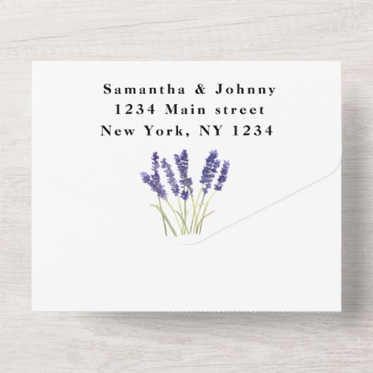 Invitation Tout En Un Herbes vertes Aquarelle Purple Lavender Mariage (Verso)