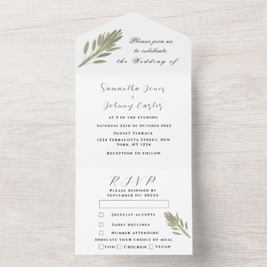 Invitation Tout En Un Herbes vertes Aquarelle Vert Sage Mariage (À l'intérieur)