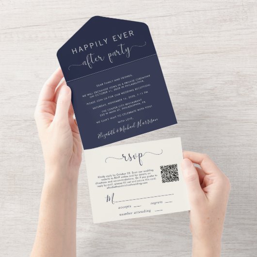 Invitation Tout En Un Heureusement jamais après QR Code Bleu Mariage Réc (Déchirure)