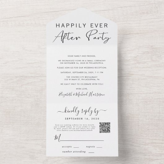 Invitation Tout En Un Heureusement jamais après QR Code Mariage Réceptio (À l'intérieur)