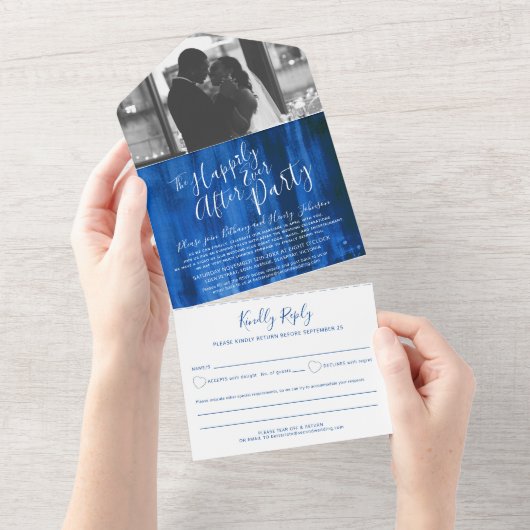 Invitation Tout En Un Heureux jamais après mariage photo bleu (Déchirure)