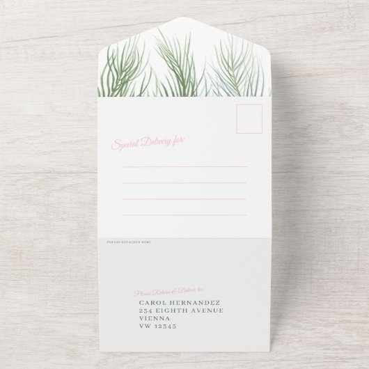 Invitation Tout En Un Heureux toujours après mariage palm rose blanc ver (Dehors)