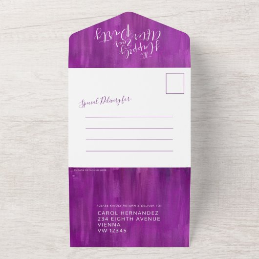 Invitation Tout En Un Heureux toujours après mariage photo mauve (Dehors)