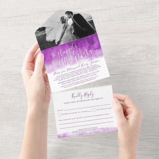 Invitation Tout En Un Heureux toujours après mariage photo mauve (Déchirure)