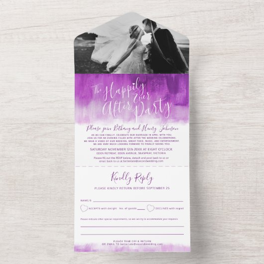 Invitation Tout En Un Heureux toujours après mariage photo mauve (À l'intérieur)
