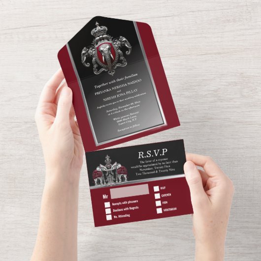 Invitation Tout En Un Hindi Hindou éléphants indiens damassés bordeaux n (Déchirure)