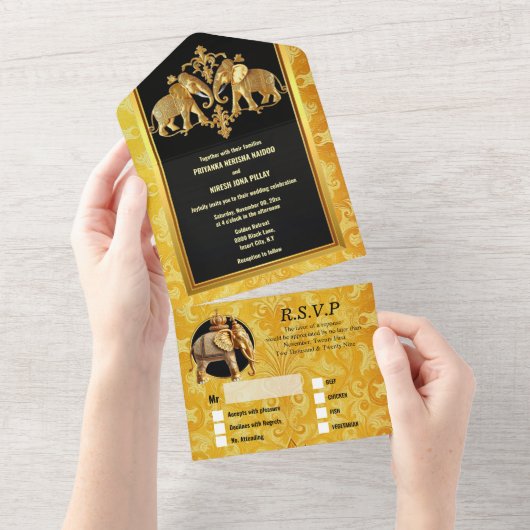 Invitation Tout En Un Hindou indien éléphants or noir damassé Hindi (Déchirure)