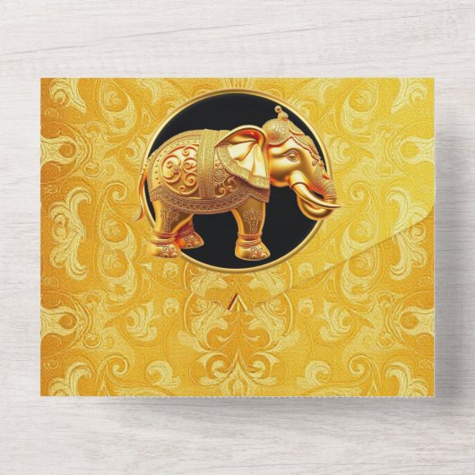 Invitation Tout En Un Hindou indien éléphants or noir damassé Hindi (Verso)