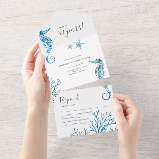 Invitation Tout En Un Hippocampe d'aquarelle 50e anniversaire de Mariage (Déchirure)