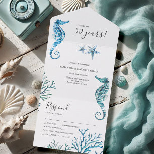 Invitation Tout En Un Hippocampe d'aquarelle 50e anniversaire de Mariage