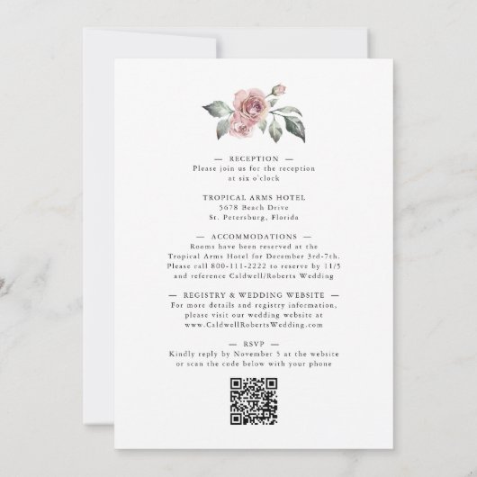 Invitation Tout en un hiver Rose Eucalyptus Mariage or (Dos)