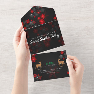 Invitation Tout En Un Ho Ho Flocons de Neige Rouges et Noirs Noël Secret