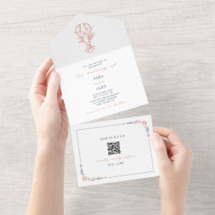 Invitation Tout En Un Homard Rustic Beach Wedding Rouge & bleu QR RSVP