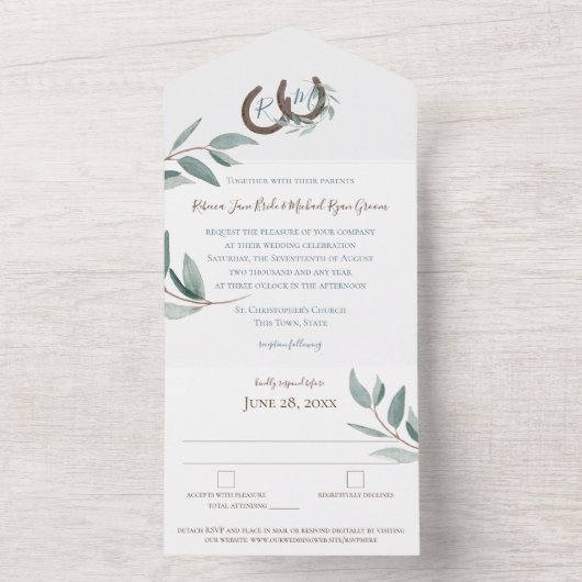 Invitation Tout En Un Horseshoe Monogramme Elégant Mariage Botanique Tou (À l'intérieur)