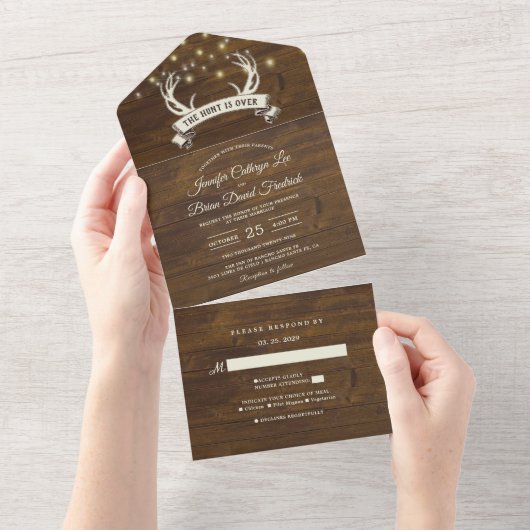 Invitation Tout En Un "Hunt is Over" Rustic Antler Strings Mariage léger (Déchirure)