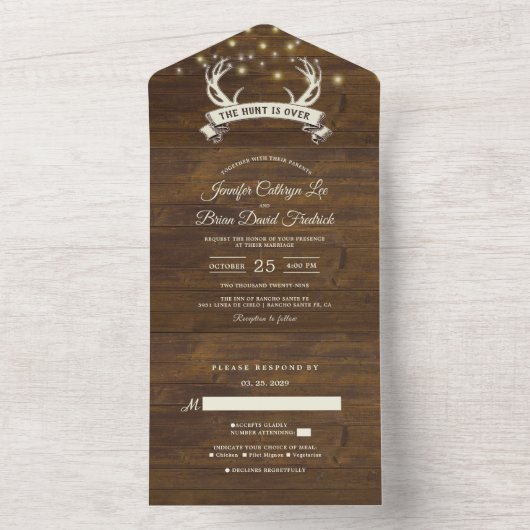 Invitation Tout En Un "Hunt is Over" Rustic Antler Strings Mariage léger (À l'intérieur)