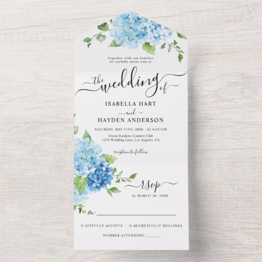 Invitation Tout En Un Hydrangea Blue Dusty Light Mariage floral RSVP (À l'intérieur)