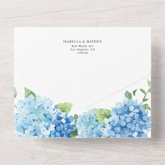 Invitation Tout En Un Hydrangea Blue Dusty Light Mariage floral RSVP (Verso)