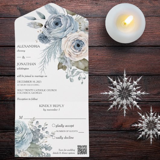 Invitation Tout En Un Ice Blue Winter Floral QR Code