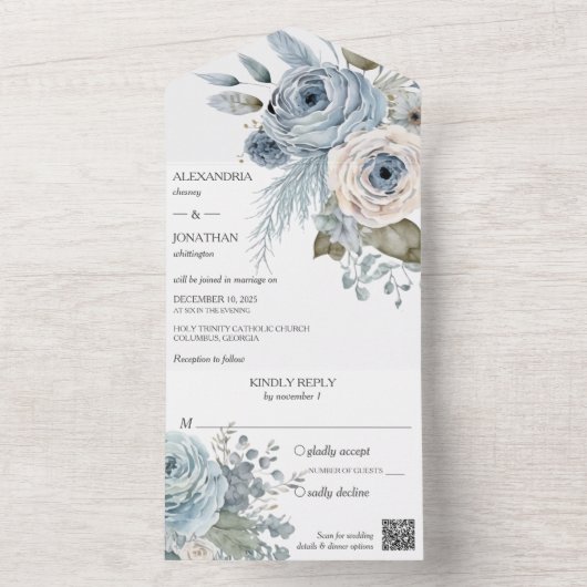 Invitation Tout En Un Ice Blue Winter Floral QR Code (À l'intérieur)