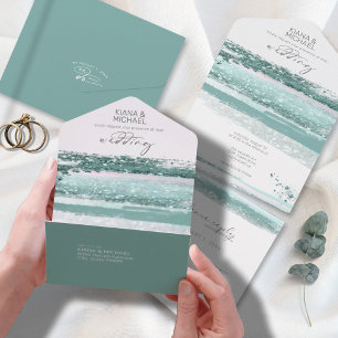 Invitation Tout En Un ID Turquoise Mariage Abstrait des traits de peintu