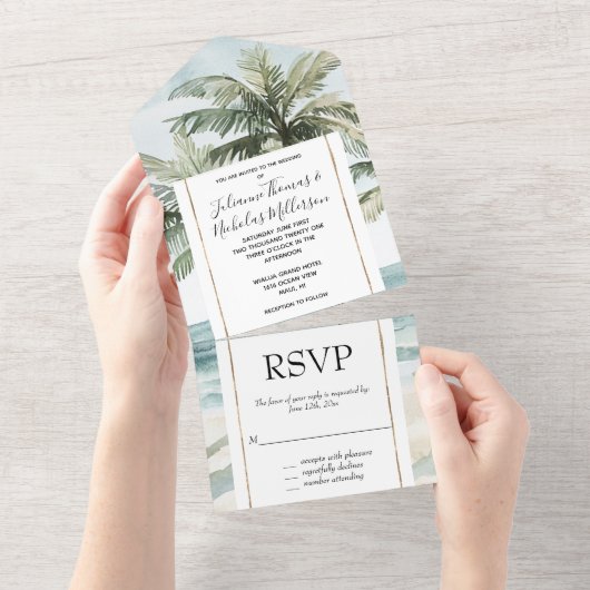 Invitation Tout En Un Île tropicale Palmiers Ocean Beach Mariage (Déchirure)