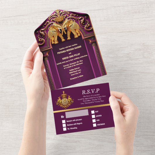Invitation Tout En Un Indien mariage prune éléphants d'or luxueux asiati (Déchirure)